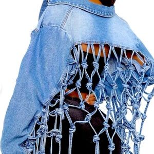 NWOT; Back knotted fringe longe sleeve denim coat
